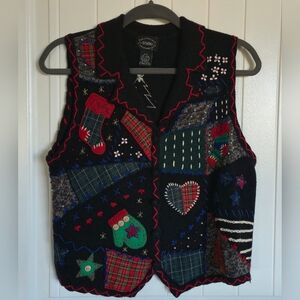 Designers Studio Christmas Vest Womens Black Sweater Stocking Mitten Star Sz P/S